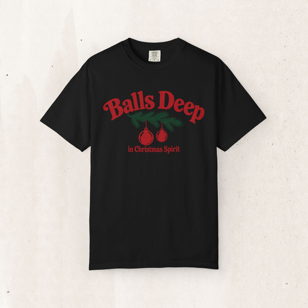 Wicked Thread Society black graphic tee featuring retro red Christmas ornaments and festive pine branch design.