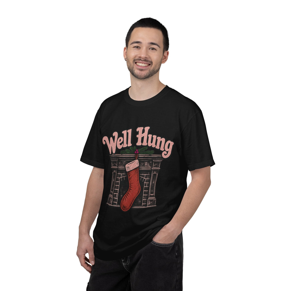 Wicked Thread Society black crewneck t-shirt with a vintage Well Hung Christmas stocking graphic on a smiling man