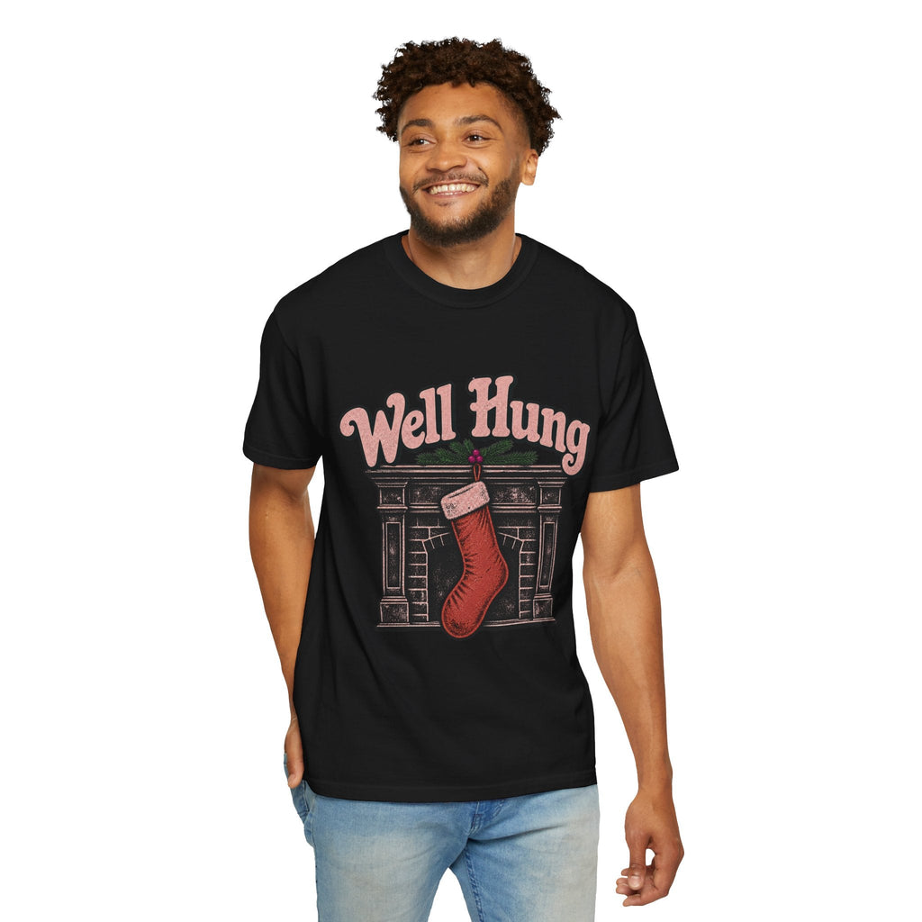 Wicked Thread Society black crewneck t-shirt with a vintage Christmas stocking graphic and Well Hung text