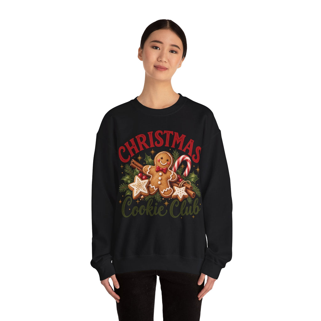 Wicked Thread Society black crewneck sweatshirt featuring a gingerbread man, candy cane, and Christmas Cookie Club text