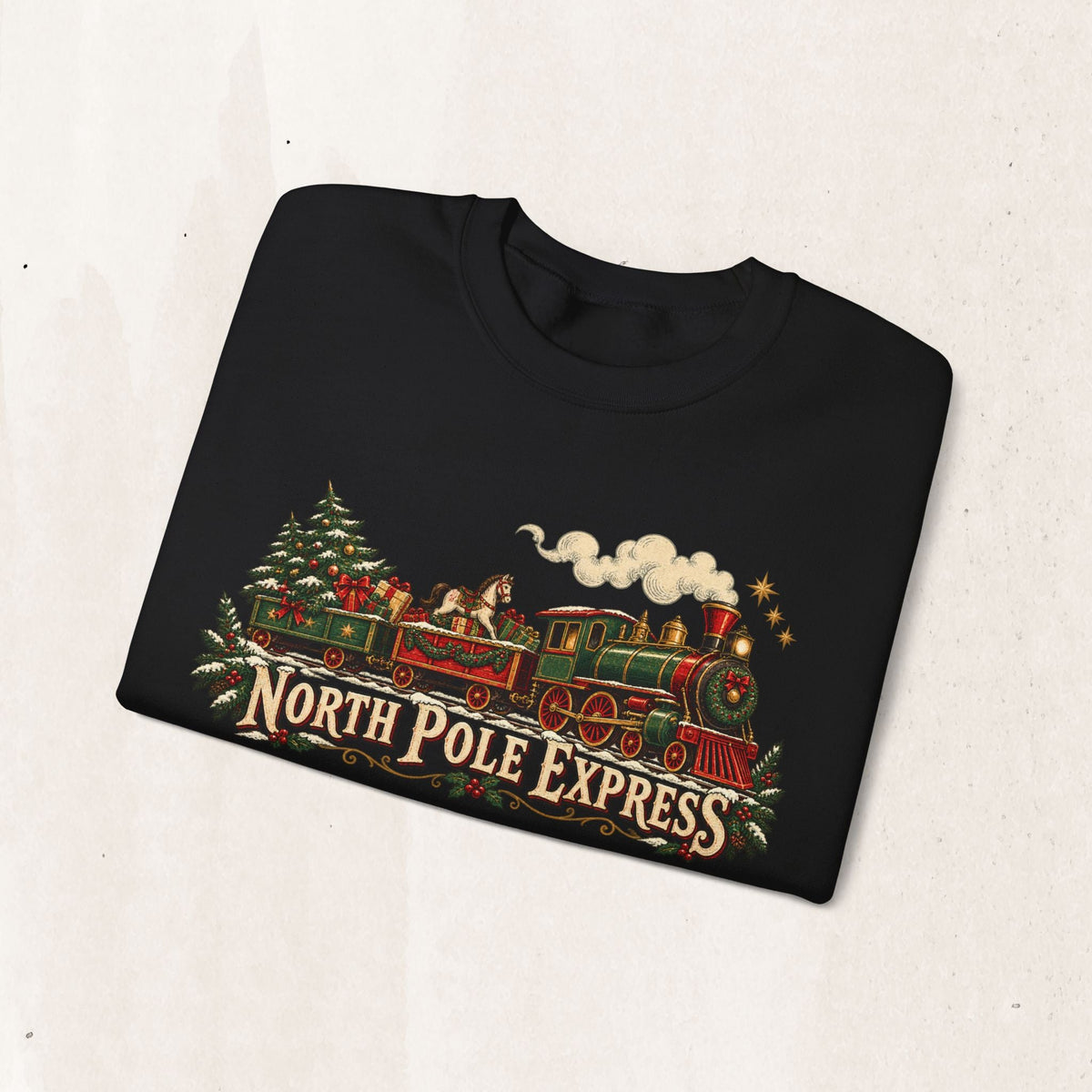 Wicked Thread Society black crewneck sweatshirt featuring a vintage North Pole Express steam train Christmas graphic.