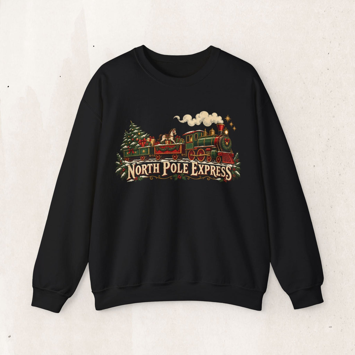 Wicked Thread Society black crewneck sweatshirt featuring a vintage North Pole Express steam train Christmas graphic.