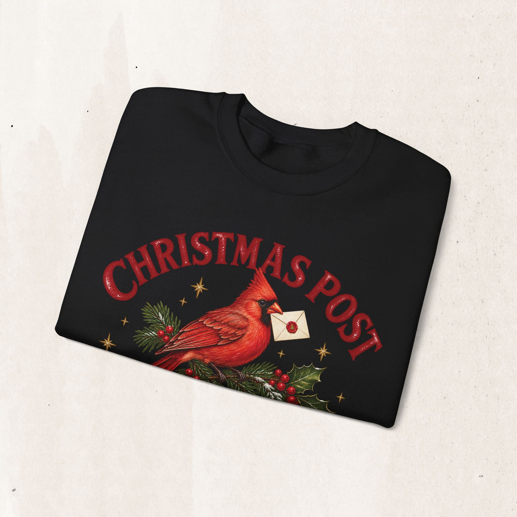 Wicked Thread Society black crewneck sweatshirt featuring a cardinal on a pine branch with a Christmas letter graphic.