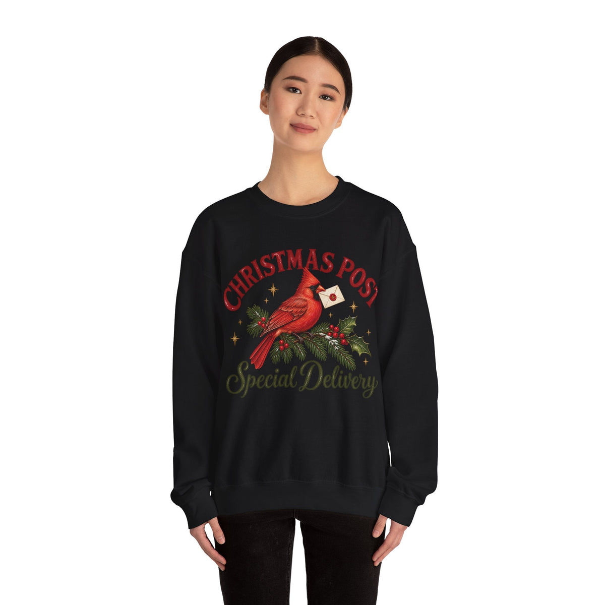 Wicked Thread Society black crewneck sweatshirt featuring a cardinal on a pine branch with a Christmas letter design.