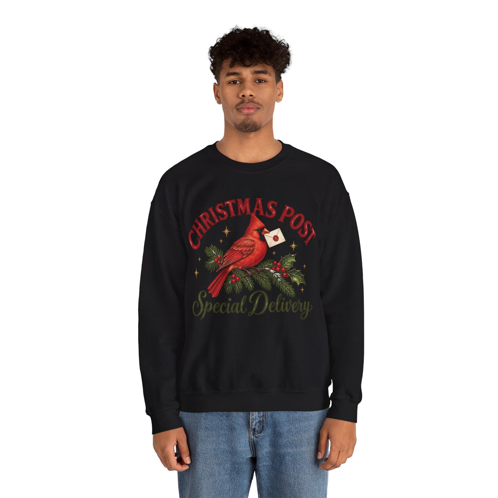 Wicked Thread Society black crewneck sweatshirt featuring a cardinal on a pine branch with a Christmas letter graphic