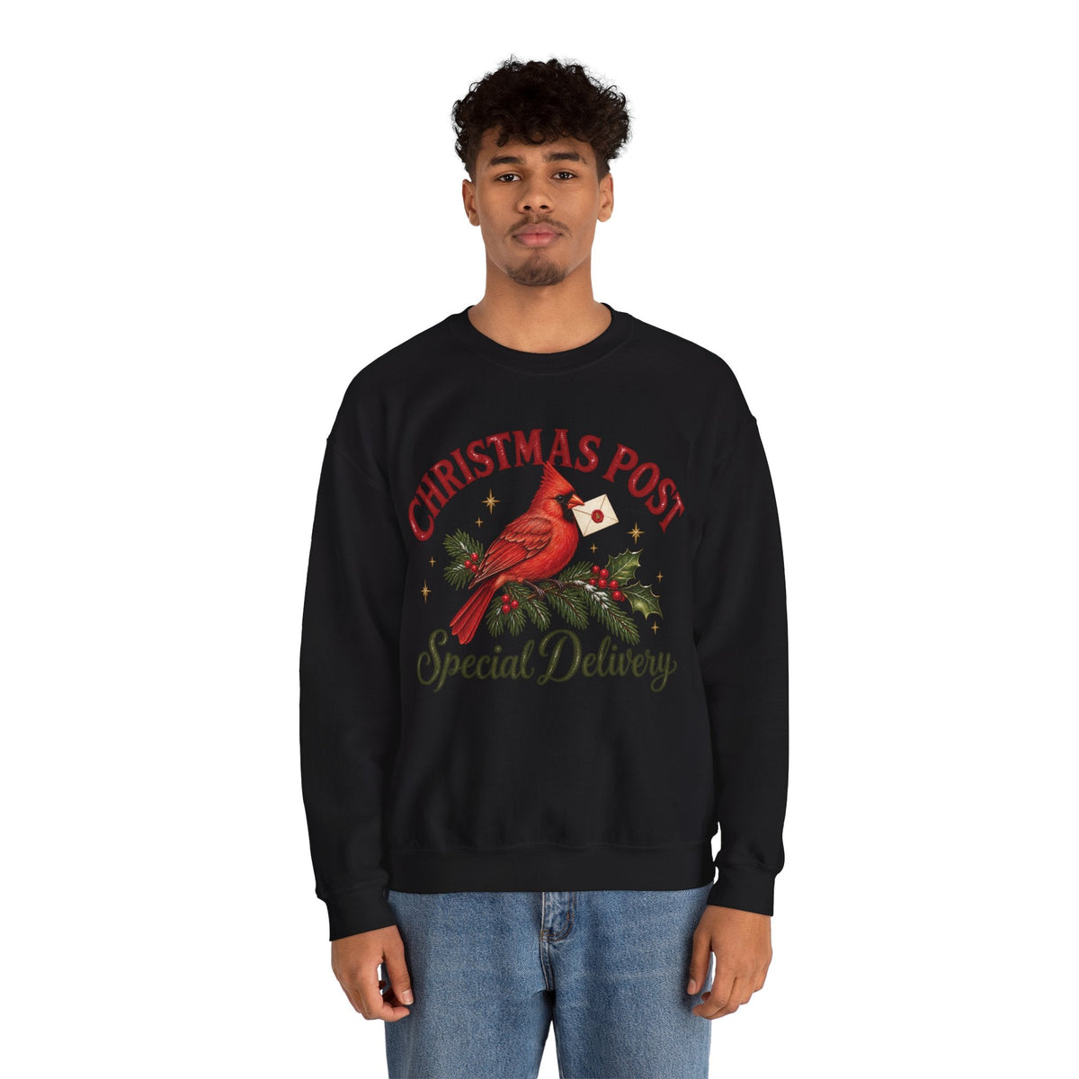 Wicked Thread Society black crewneck sweatshirt featuring a cardinal on a pine branch with a Christmas letter graphic