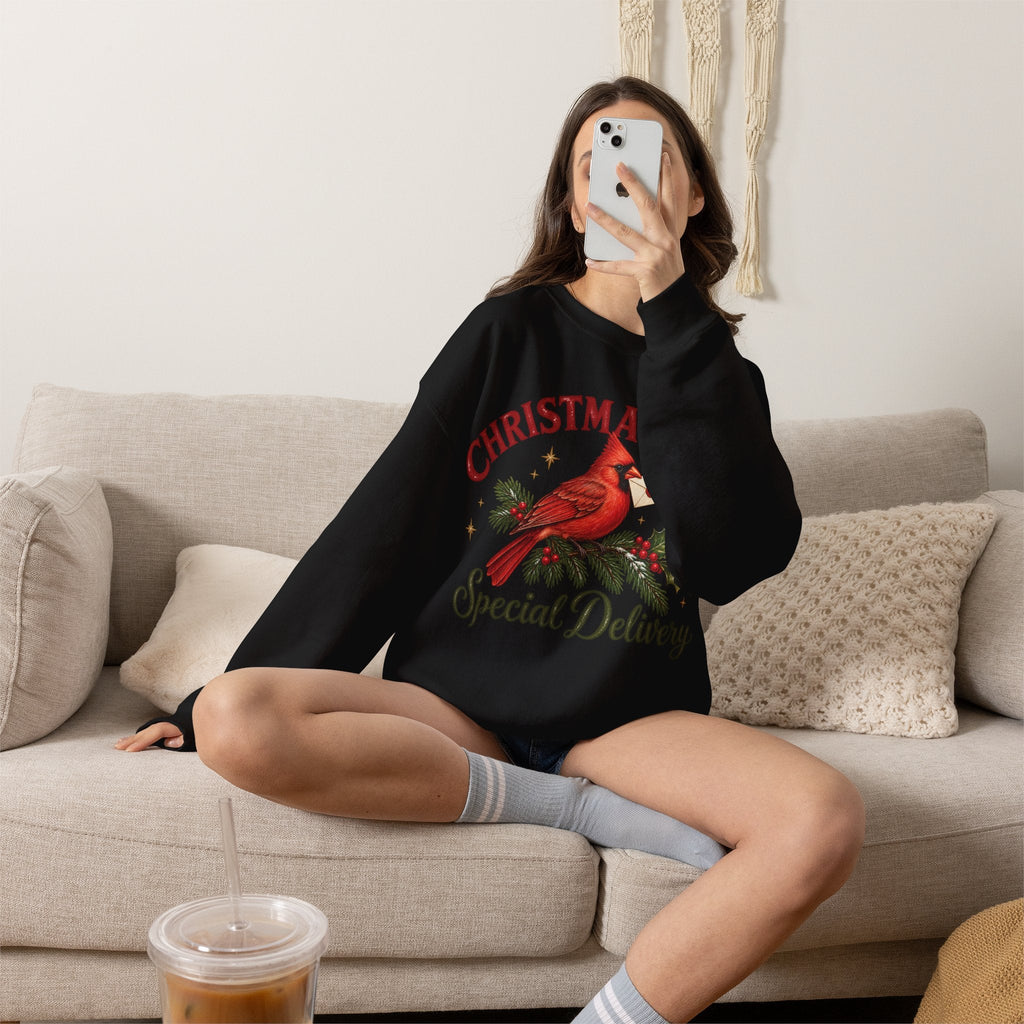 Wicked Thread Society black crewneck sweatshirt featuring a cardinal on a pine branch with Christmas Post graphic