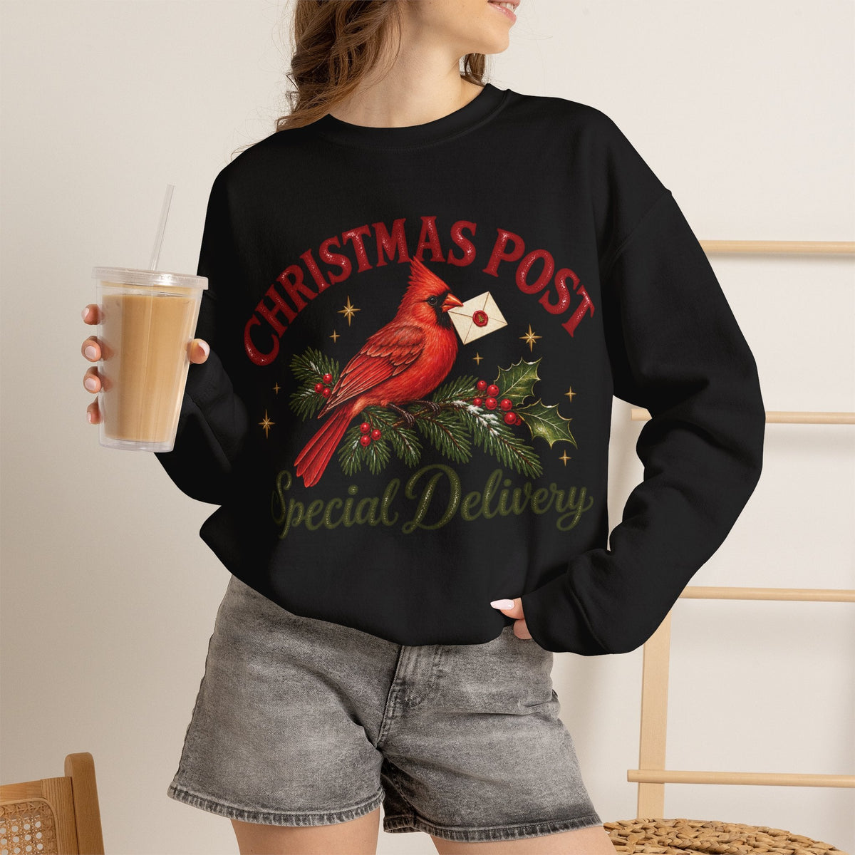 Wicked Thread Society black crewneck sweatshirt featuring a cardinal on a pine branch with a Christmas letter graphic.