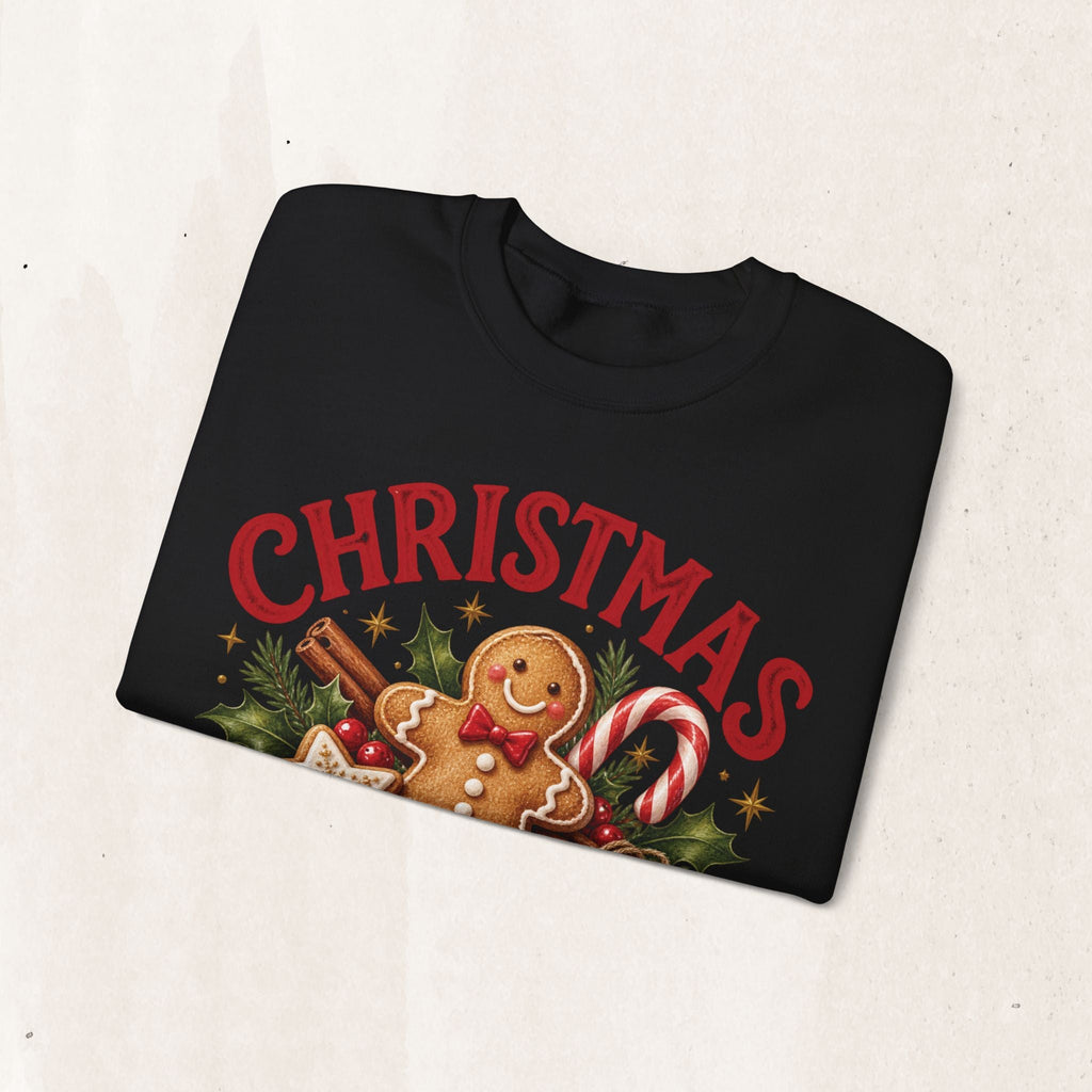 Wicked Thread Society black crewneck sweatshirt featuring a gingerbread man, candy cane, and Christmas text graphic.