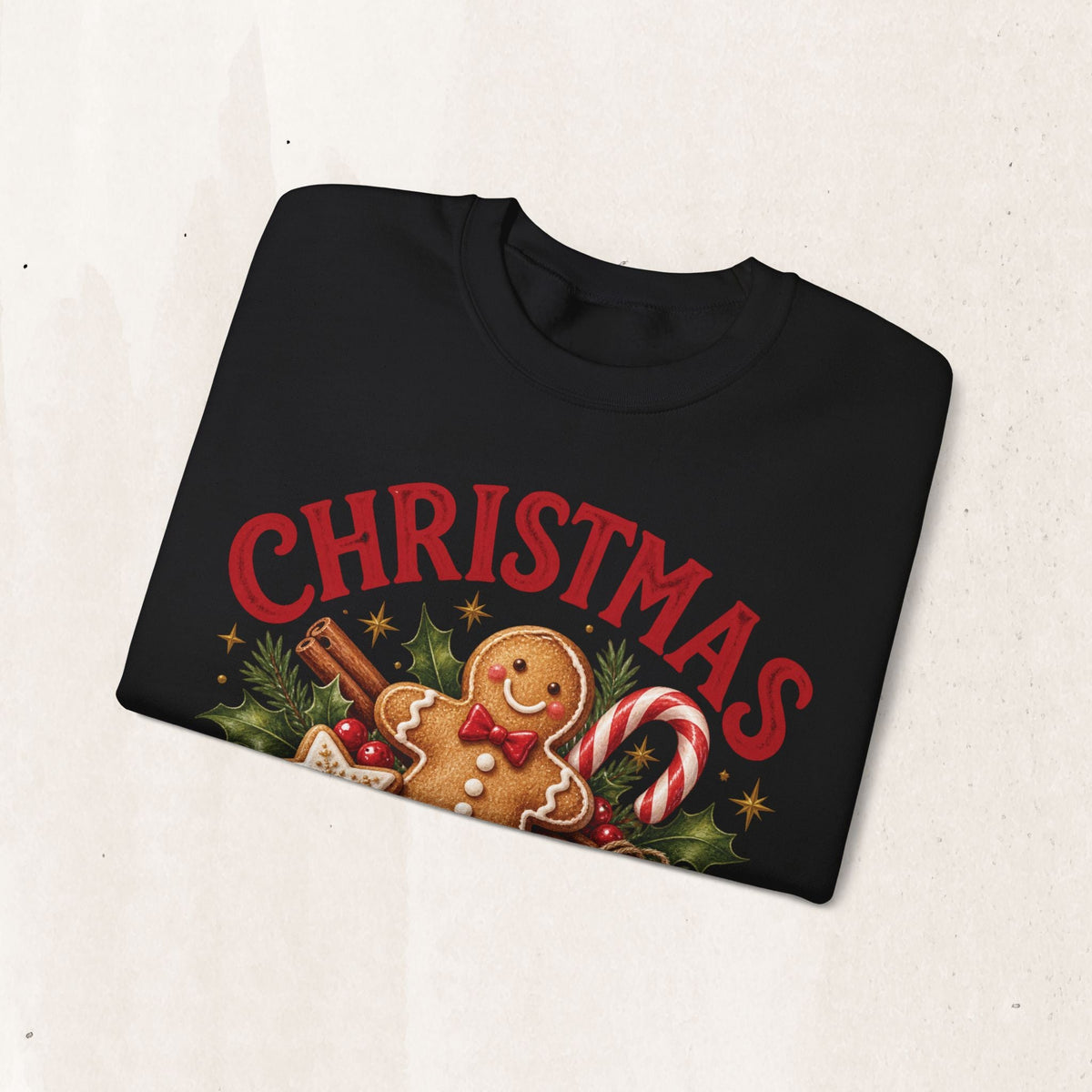 Wicked Thread Society black crewneck sweatshirt featuring a gingerbread man, candy cane, and Christmas text graphic.