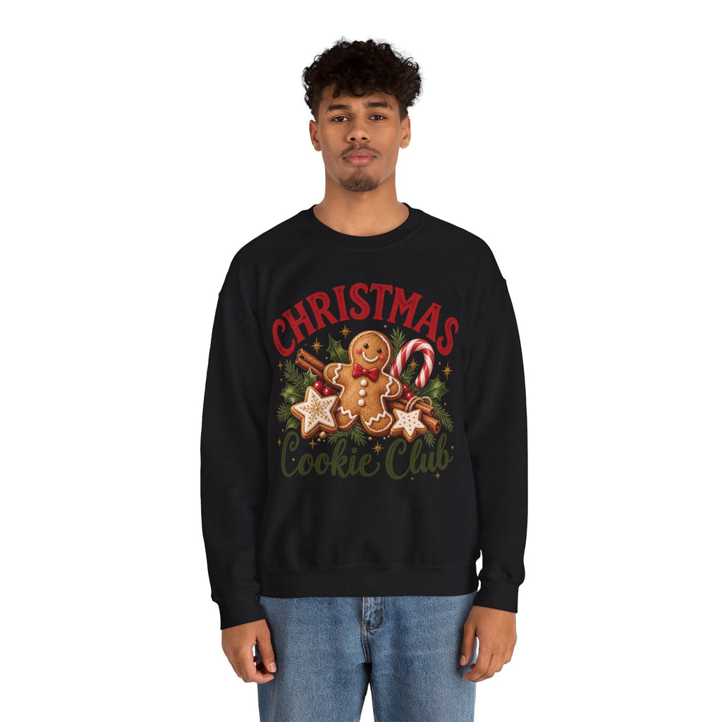 Wicked Thread Society black crewneck sweatshirt featuring a gingerbread man graphic with holiday greenery and text.