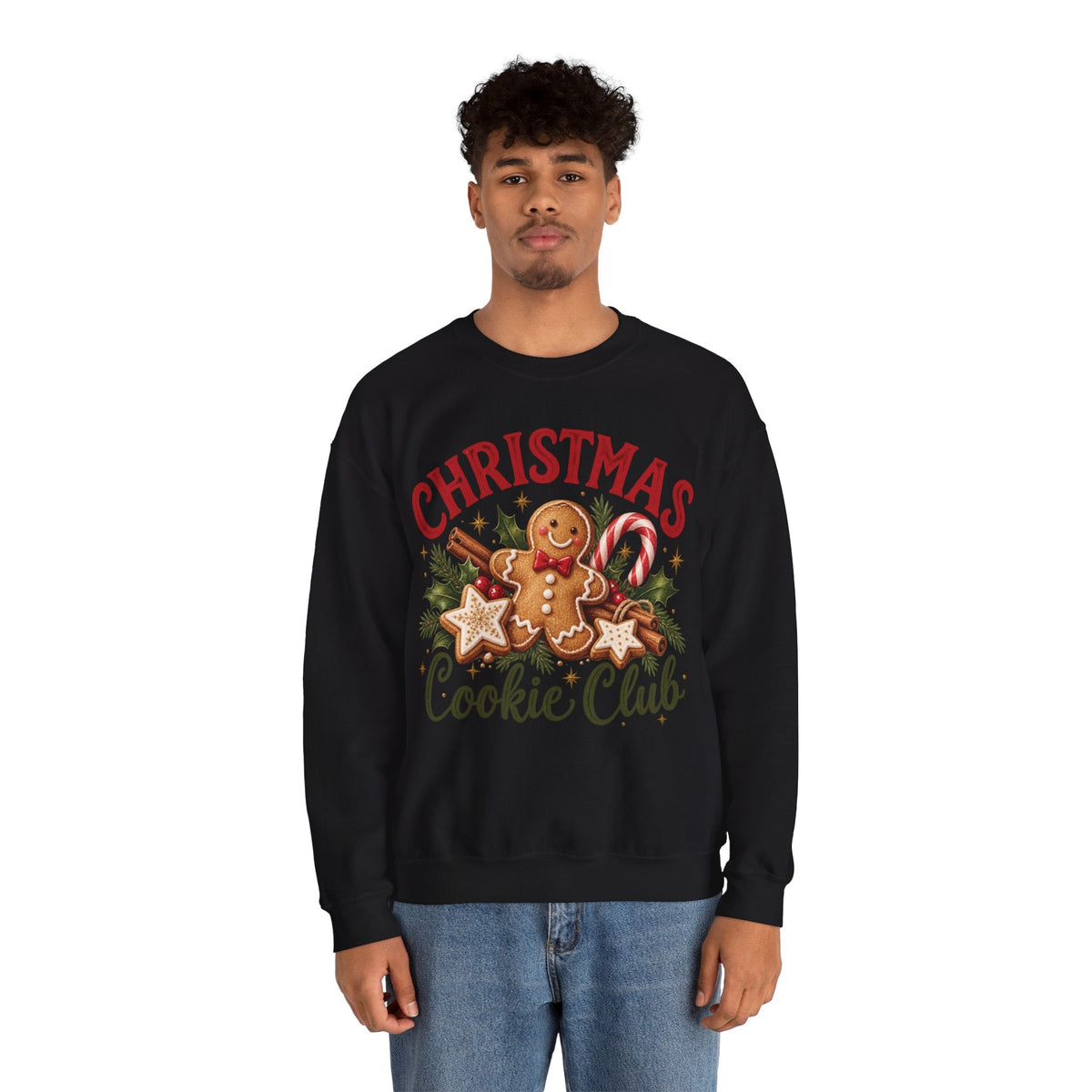 Wicked Thread Society black crewneck sweatshirt featuring a gingerbread man graphic with holiday greenery and text.