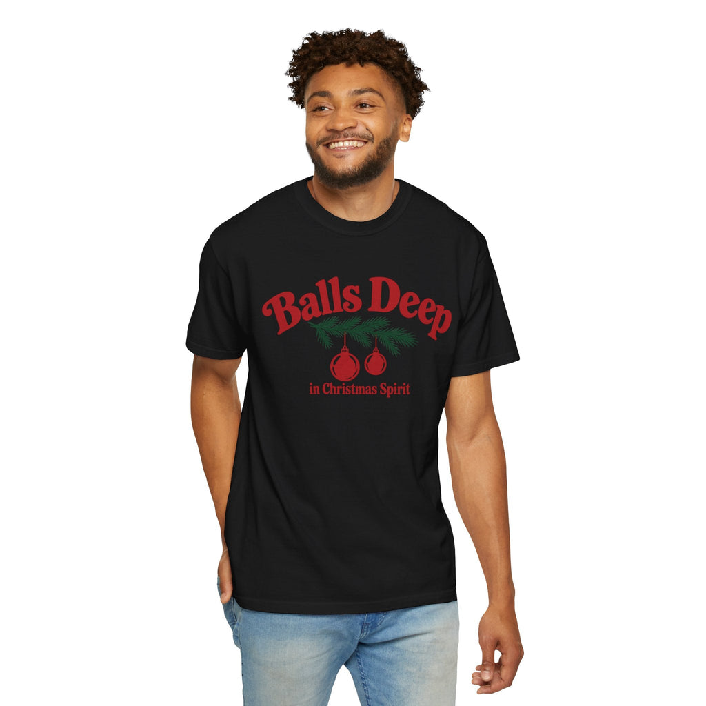 Wicked Thread Society black unisex graphic tee with red Balls Deep in Christmas Spirit text and ornament design.