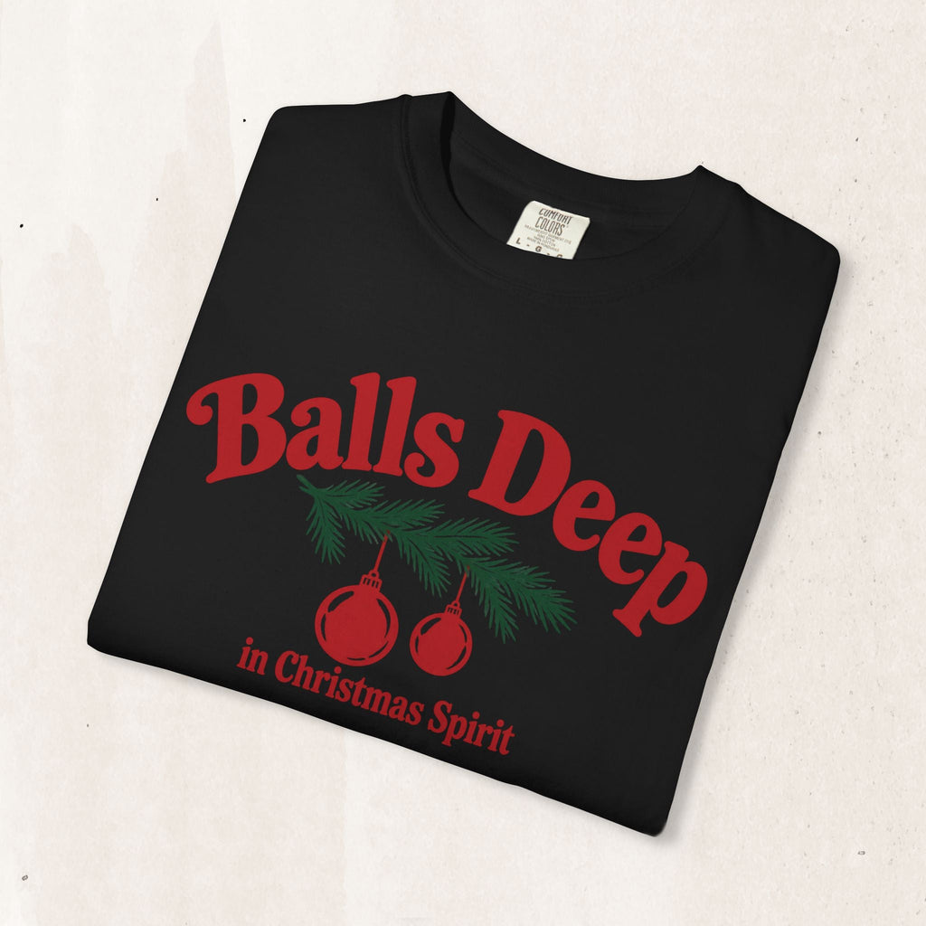Wicked Thread Society black graphic t-shirt with retro red text and Christmas ornament design