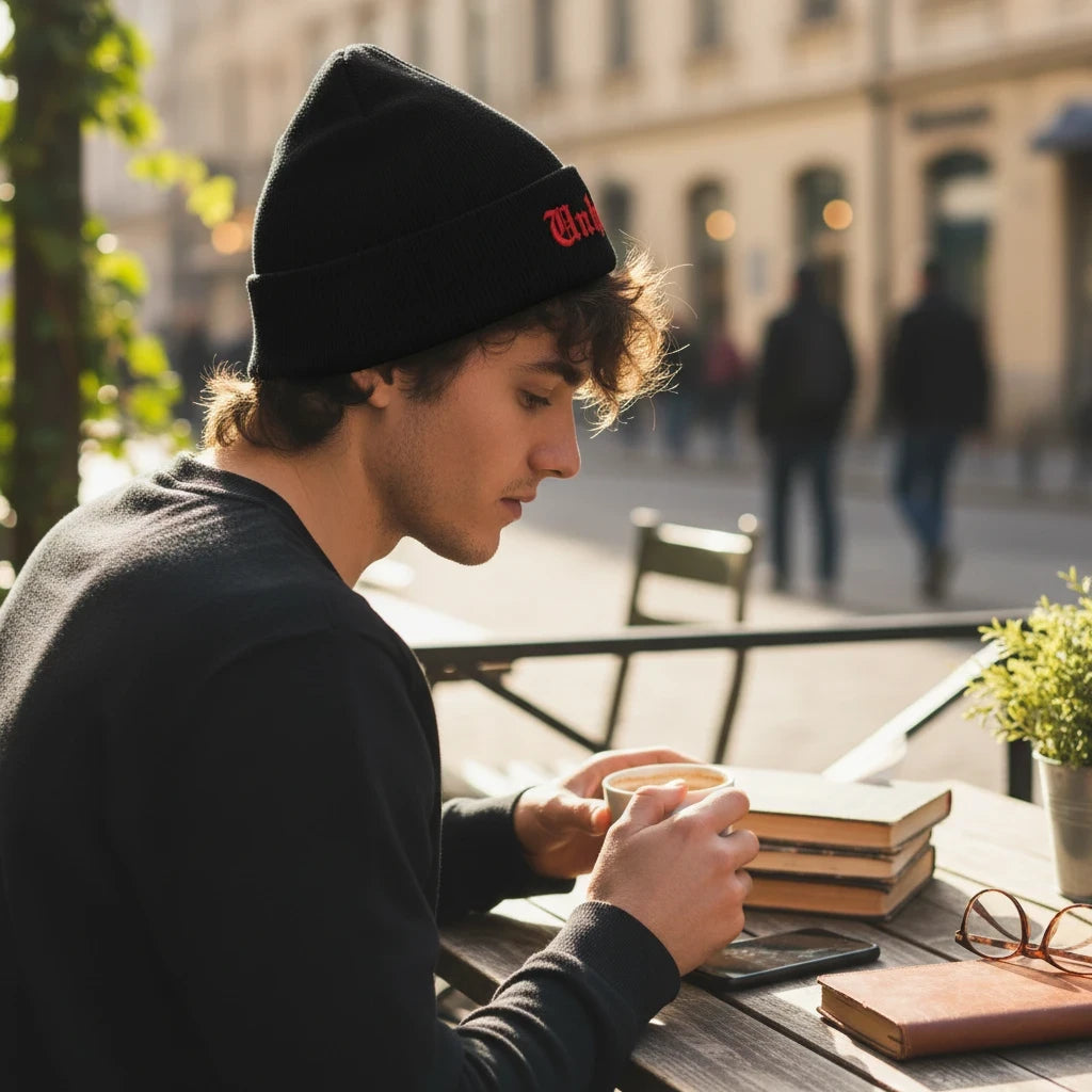 Unholy Embroidered Cuffed Beanie in Black, alternate view