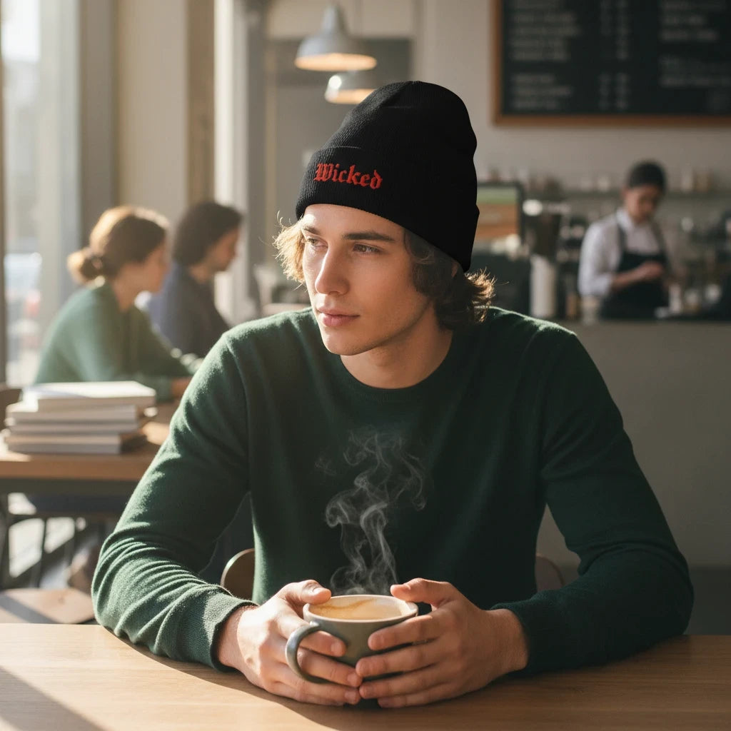Wicked Embroidered Cuffed Beanie in Black, alternate view