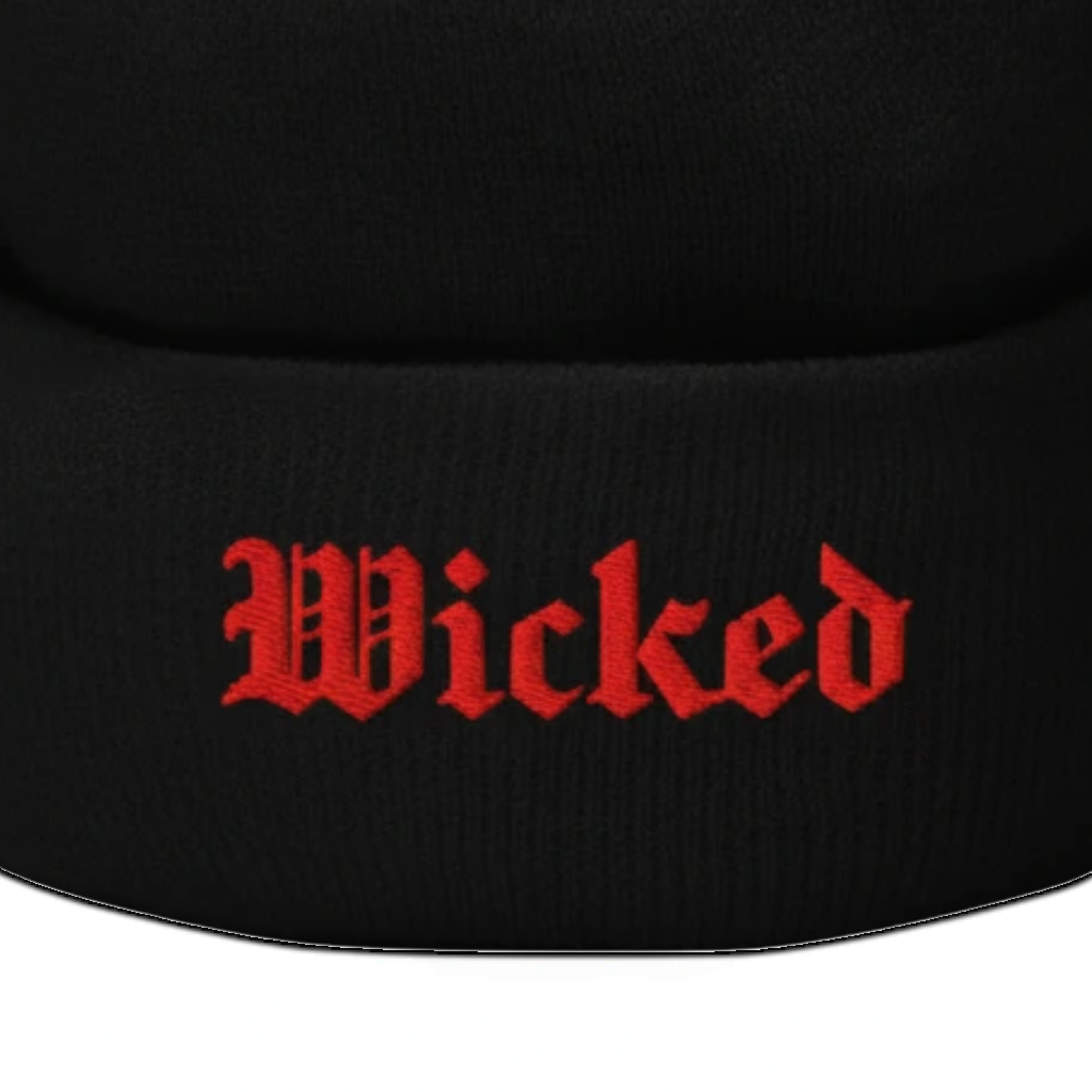 Wicked Embroidered Cuffed Beanie in Black, alternate view