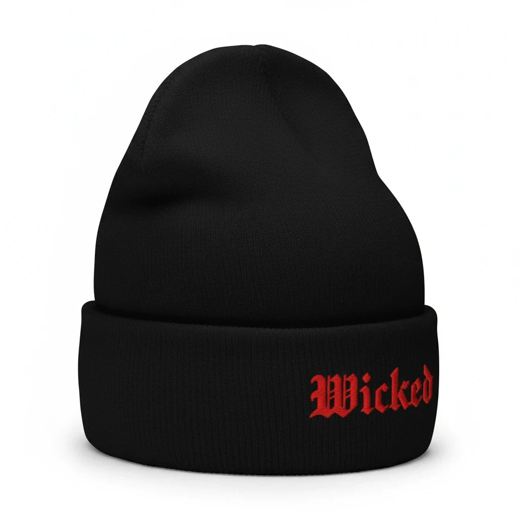 Wicked Embroidered Cuffed Beanie in Black, alternate view