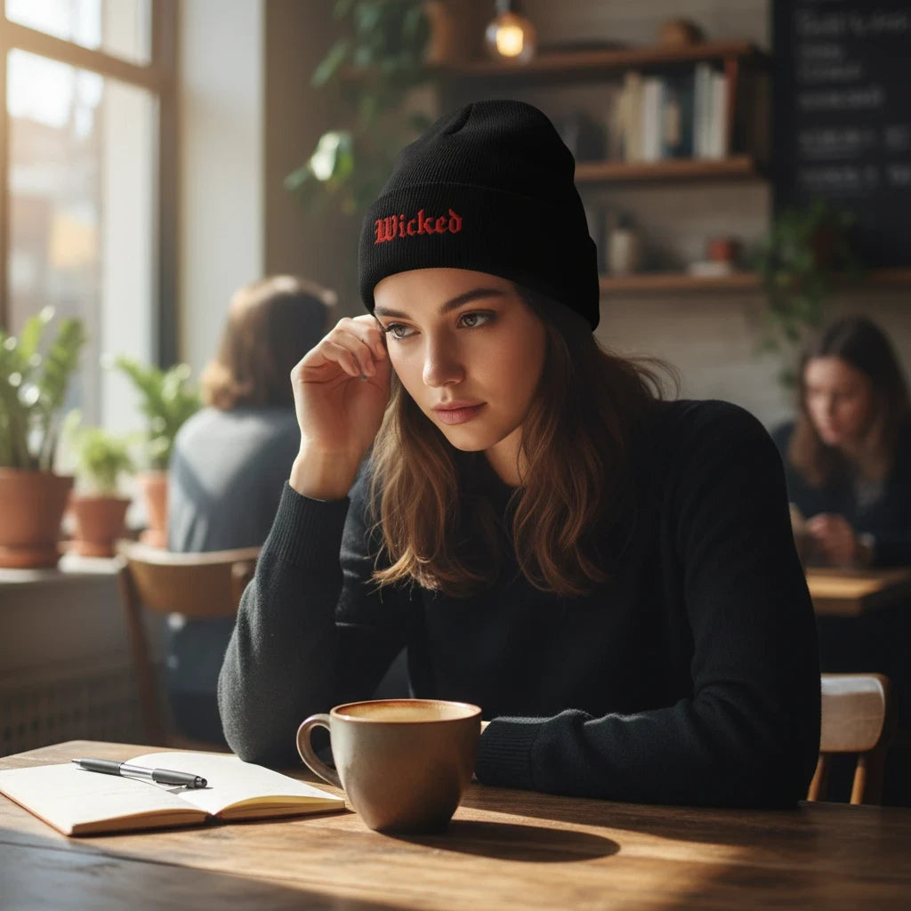 Wicked Embroidered Cuffed Beanie in Black, alternate view