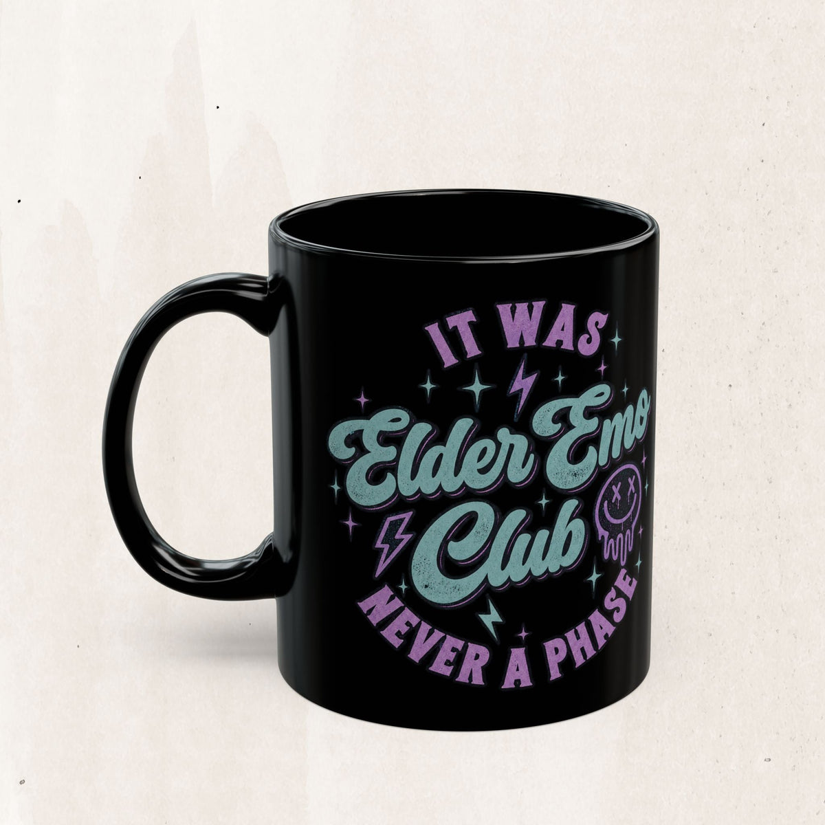 Wicked Thread Society black ceramic coffee mug with Elder Emo Club neon-style text and retro graphic design