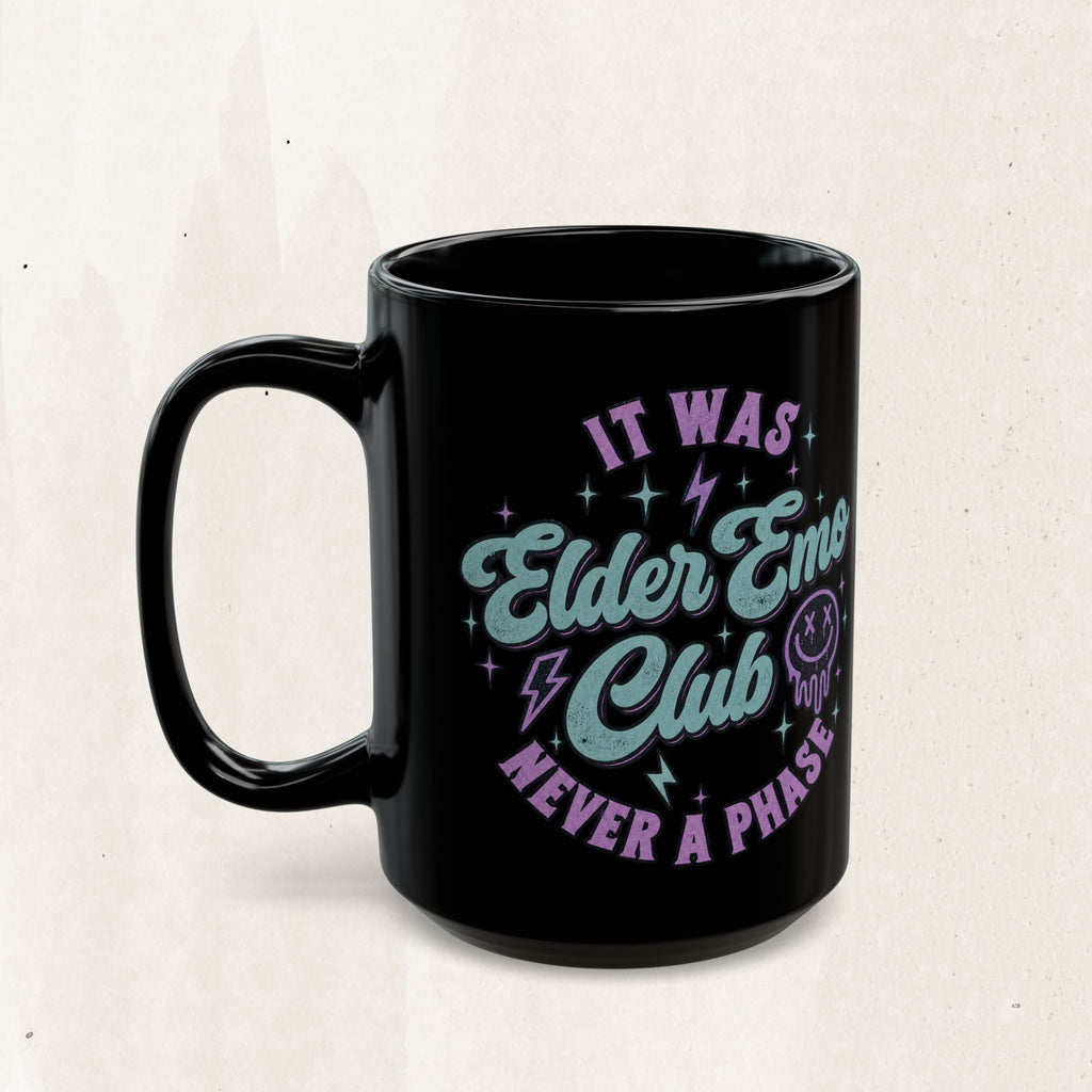 Wicked Thread Society black ceramic coffee mug featuring neon-style Elder Emo Club text and retro graphic design.