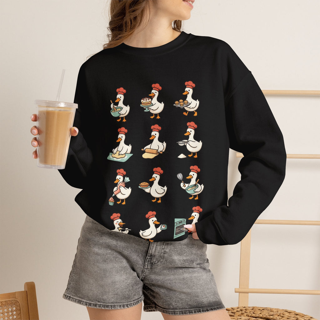 Wicked Thread Society black crewneck sweatshirt featuring a whimsical print of geese baking in chef hats.