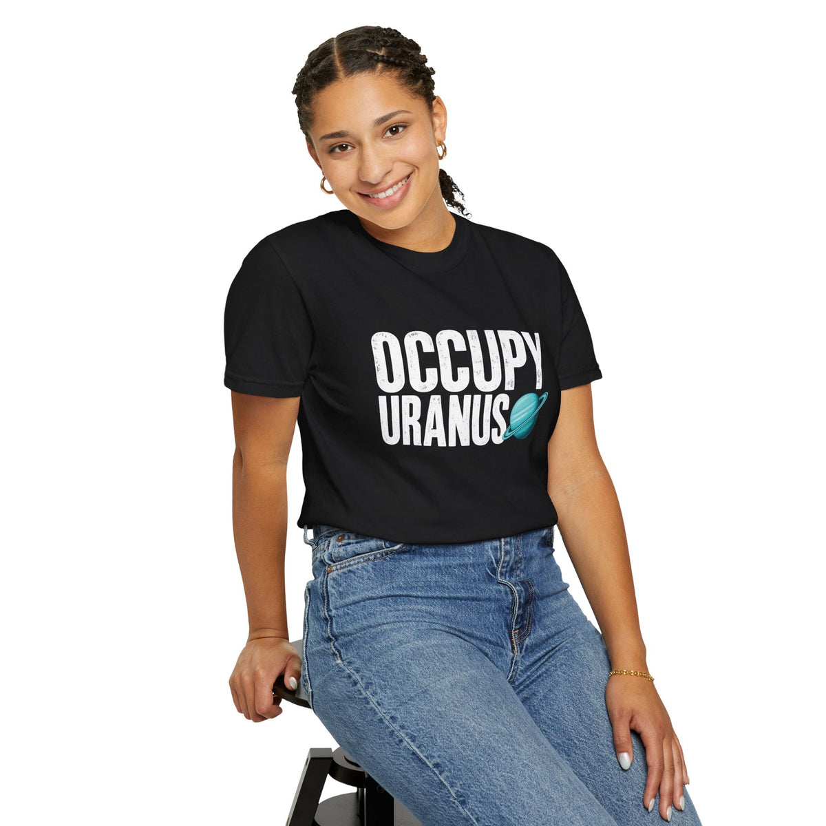 Wicked Thread Society black heavyweight cotton t-shirt with distressed Occupy Uranus graphic and teal planet accent.