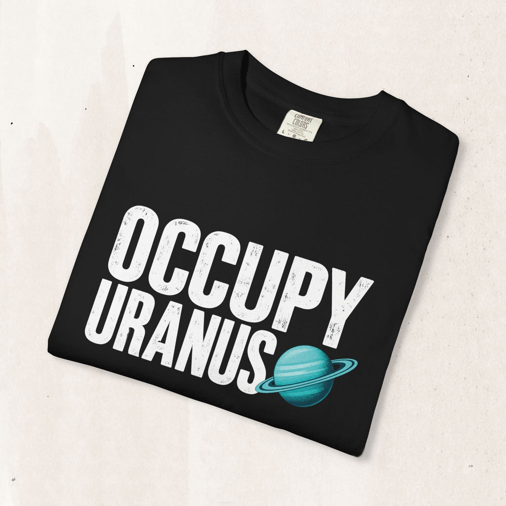 Wicked Thread Society black heavyweight cotton graphic tee with distressed white Occupy Uranus text and teal planet.