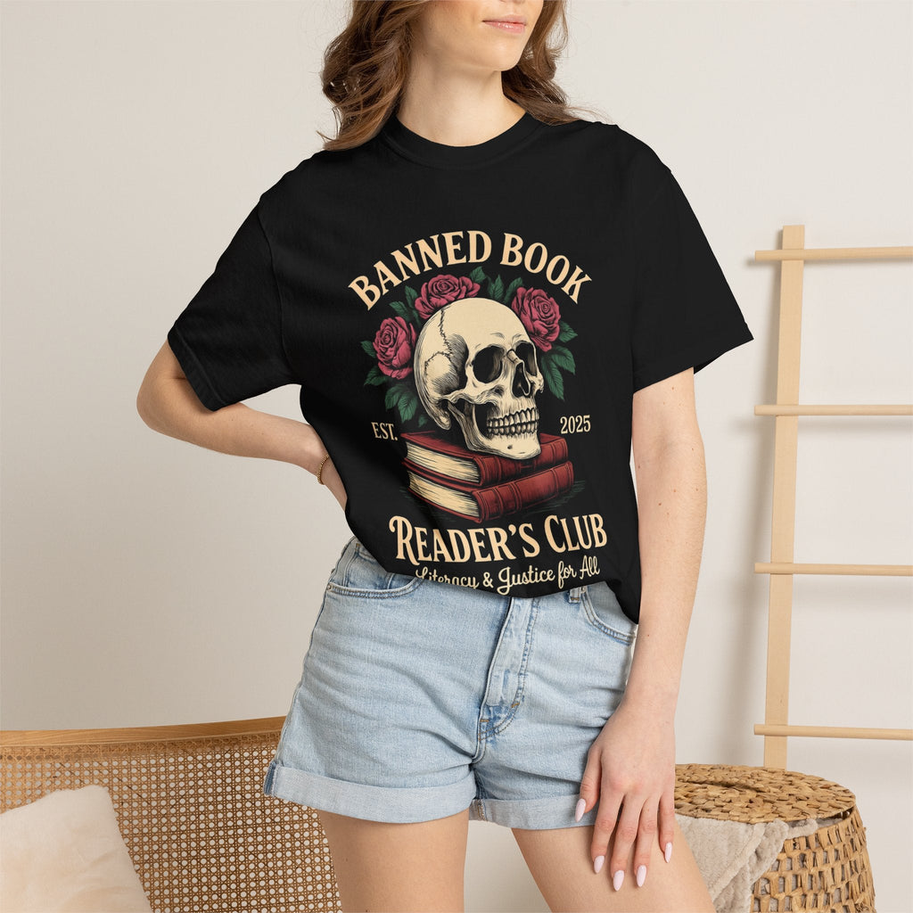 Wicked Thread Society black cotton tee featuring a skull, books, and rose graphic with Banned Book Reader's Club text.