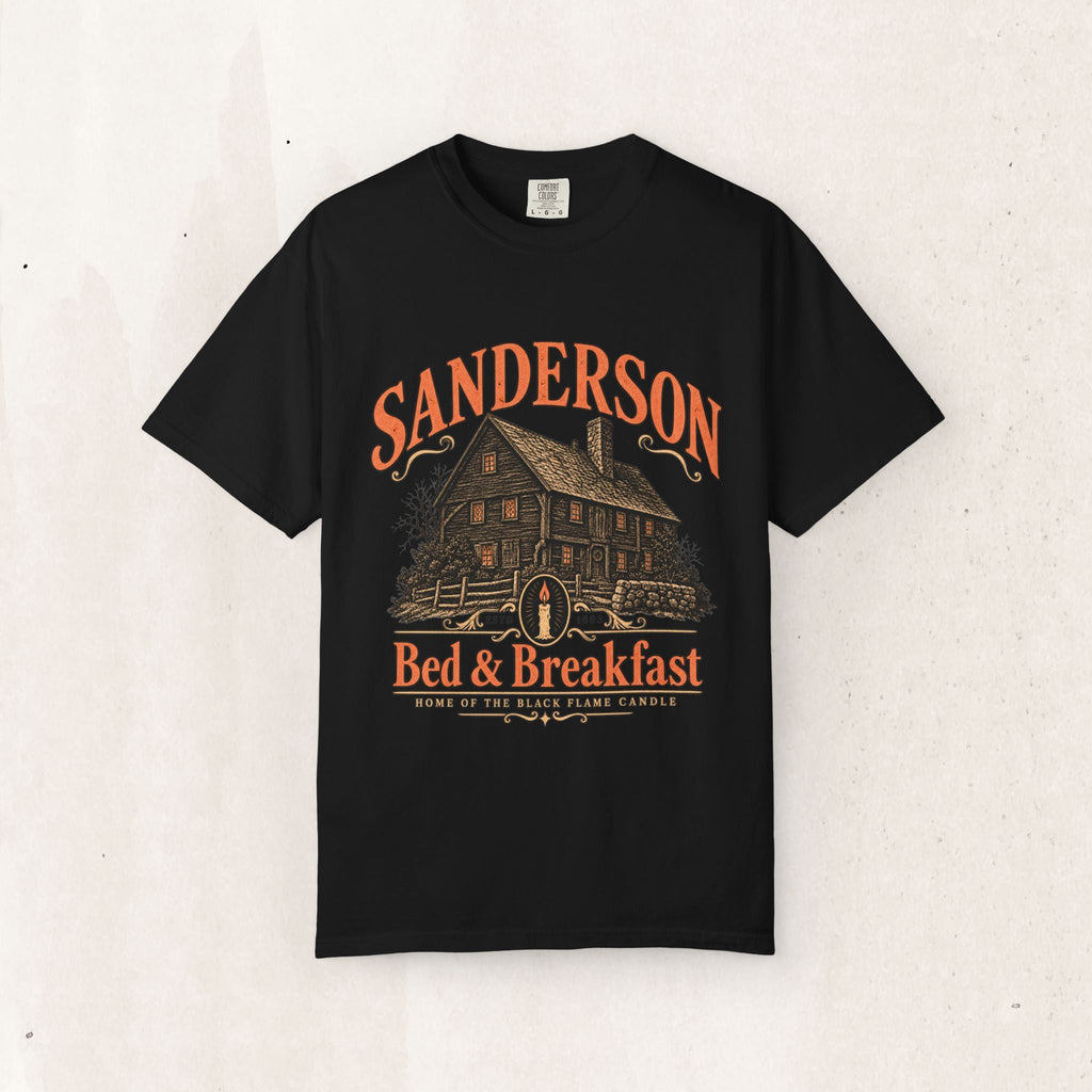 Wicked Thread Society black heavyweight cotton t-shirt featuring a vintage Sanderson Bed & Breakfast house graphic.