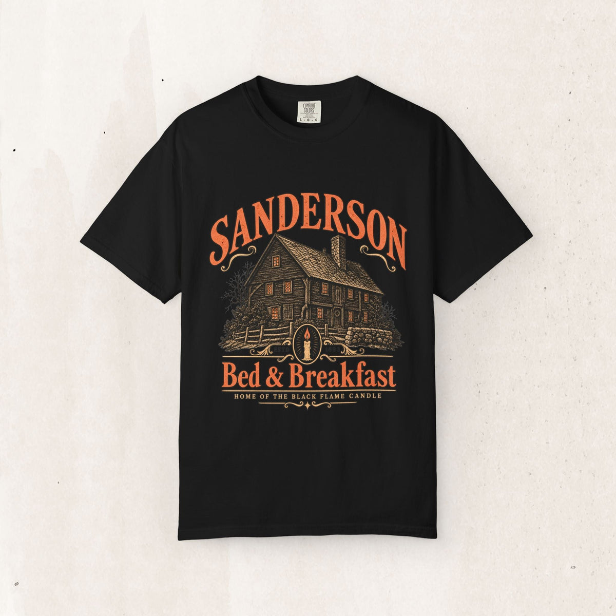 Wicked Thread Society black heavyweight cotton t-shirt featuring a vintage Sanderson Bed & Breakfast house graphic.