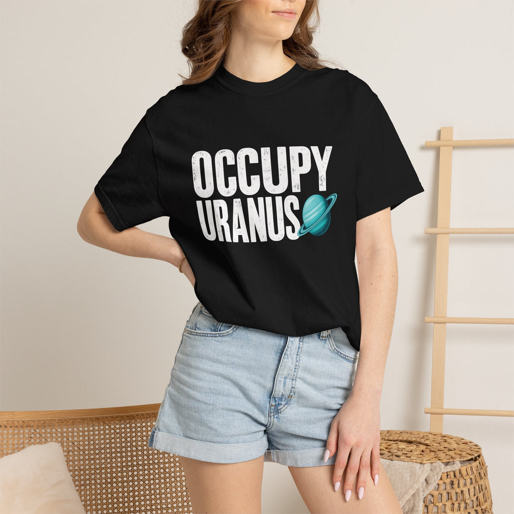 Wicked Thread Society black heavyweight cotton graphic tee with distressed Occupy Uranus text and teal planet icon