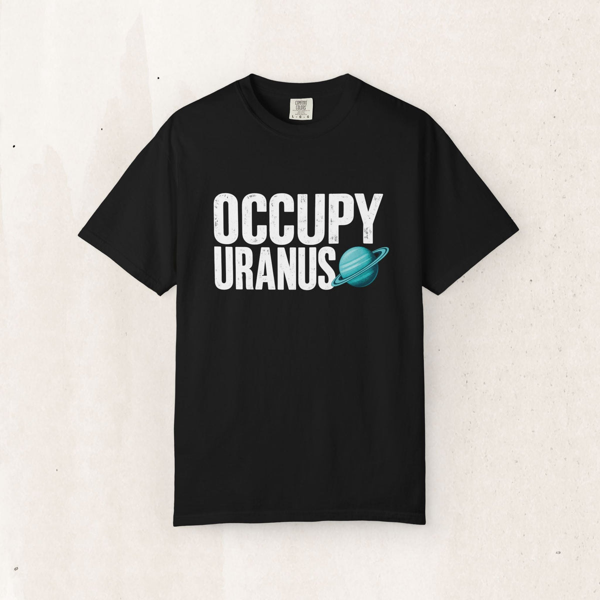 Wicked Thread Society black heavyweight cotton graphic tee featuring distressed Occupy Uranus text and a teal planet.