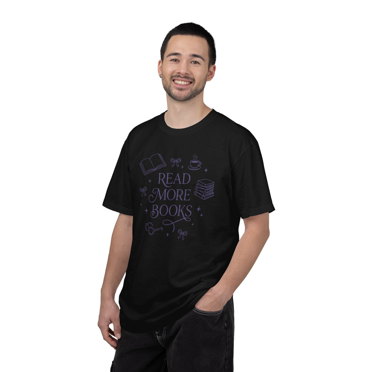 Wicked Thread Society black relaxed-fit cotton t-shirt with a purple Read More Books graphic print on a smiling man