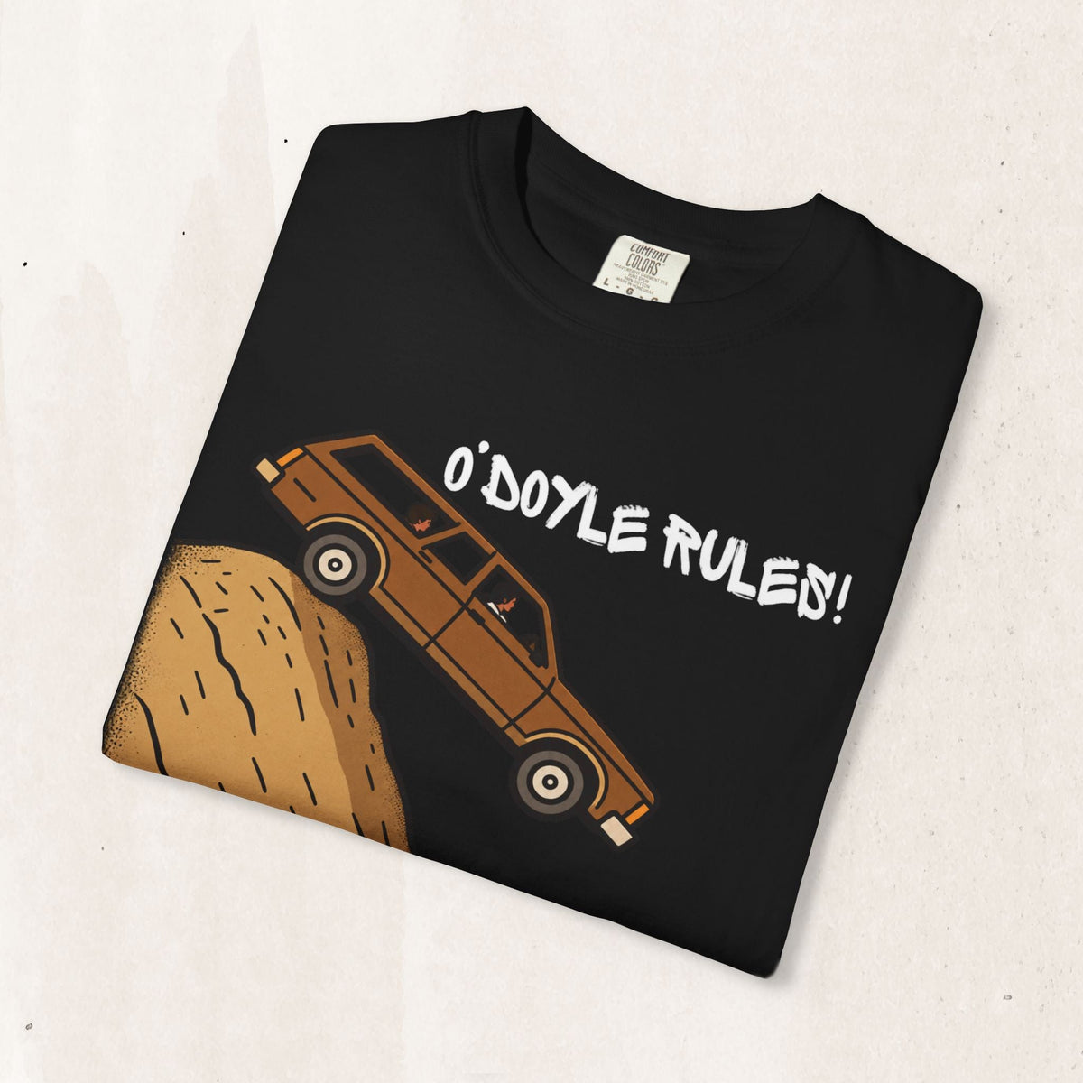 Wicked Thread Society black heavyweight cotton graphic tee featuring a wood-paneled wagon and O'Doyle Rules text.