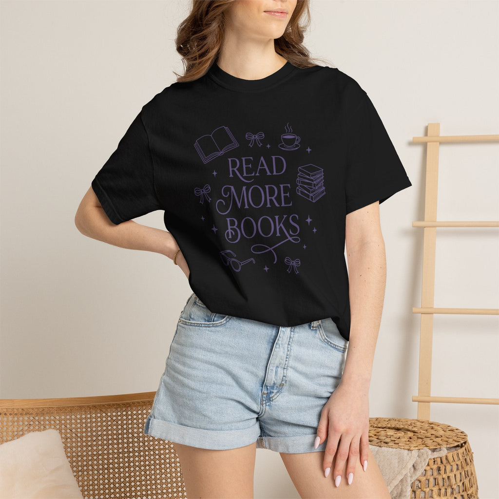 Wicked Thread Society black cotton graphic tee featuring a purple Read More Books illustration with book motifs.