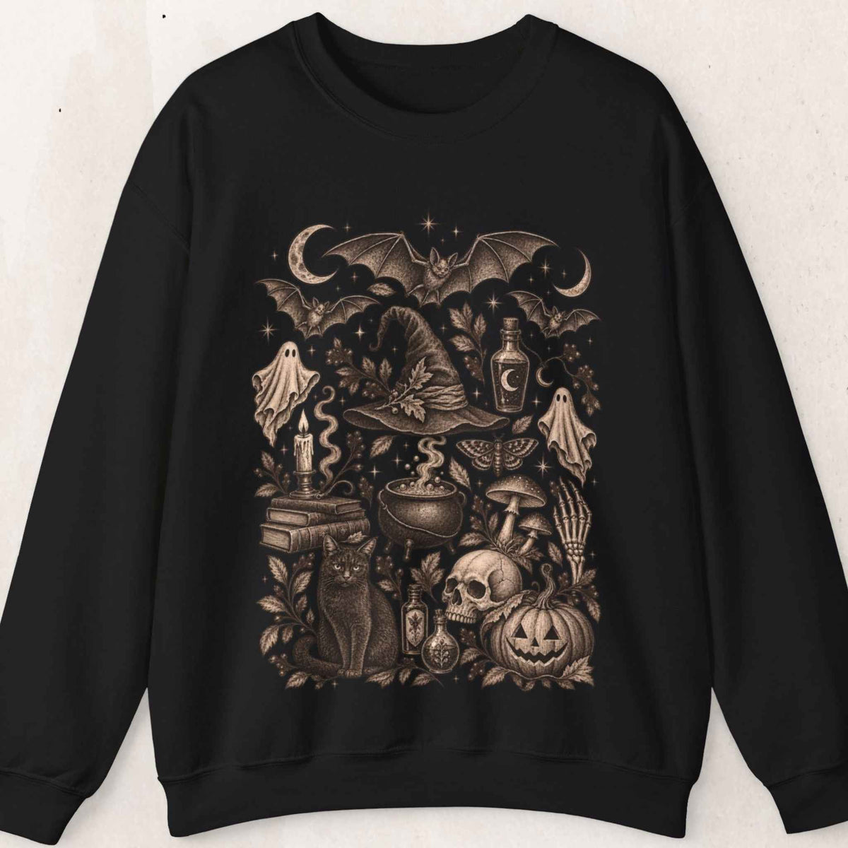 Witch Cauldron Halloween Sweatshirt – Black Cat & Pumpkin – Black