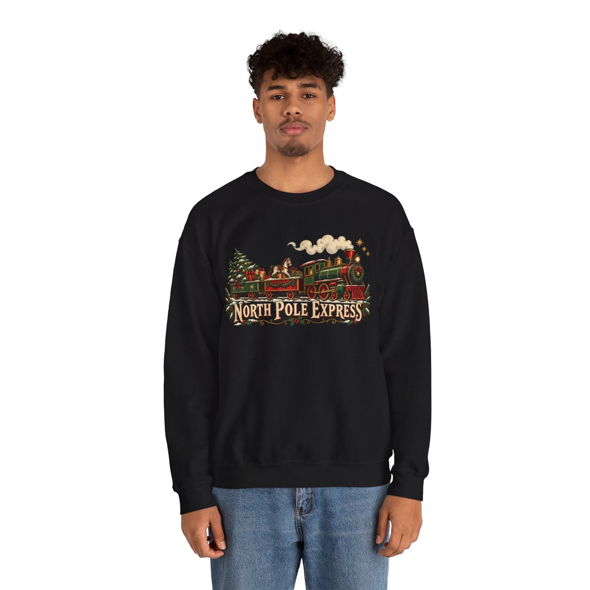 A man wearing a black Wicked Thread Society crewneck sweatshirt with a vintage North Pole Express train graphic.