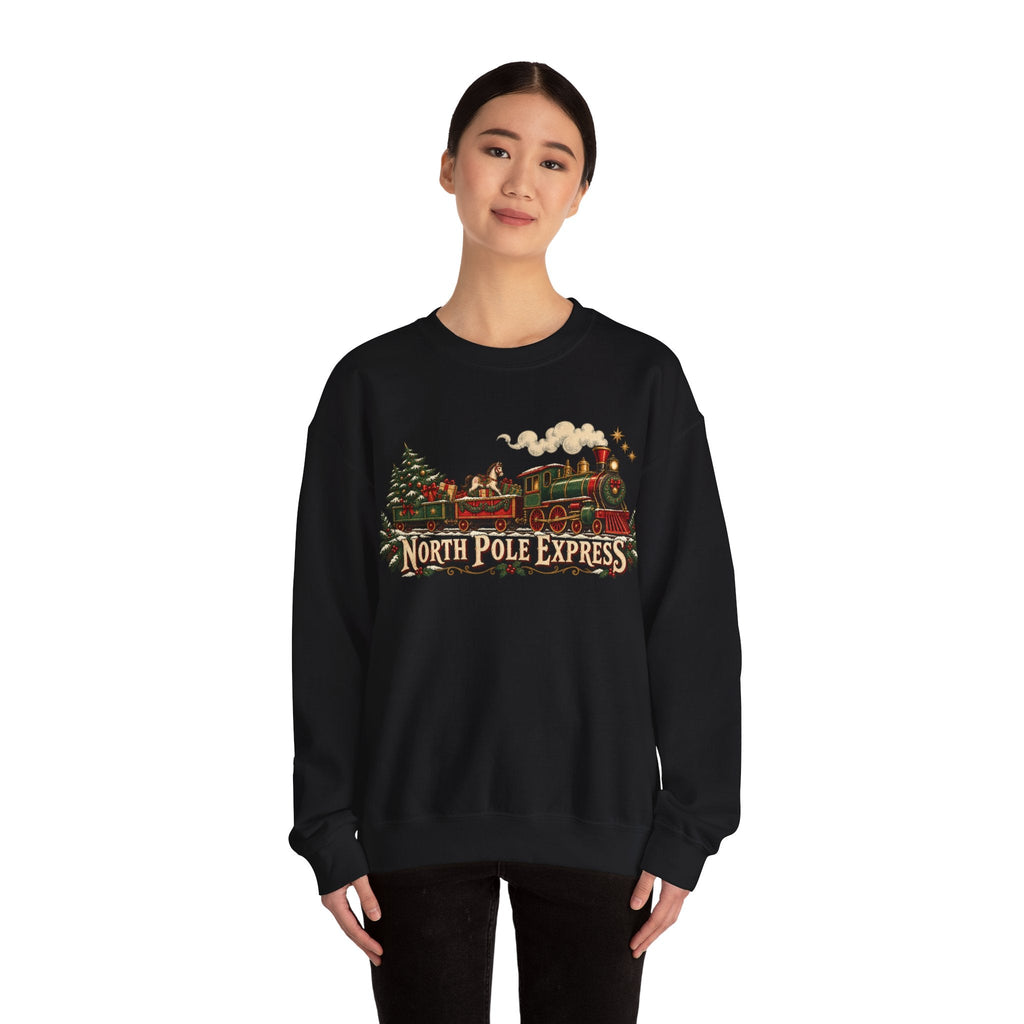 Wicked Thread Society black crewneck sweatshirt featuring a vintage North Pole Express steam train holiday graphic