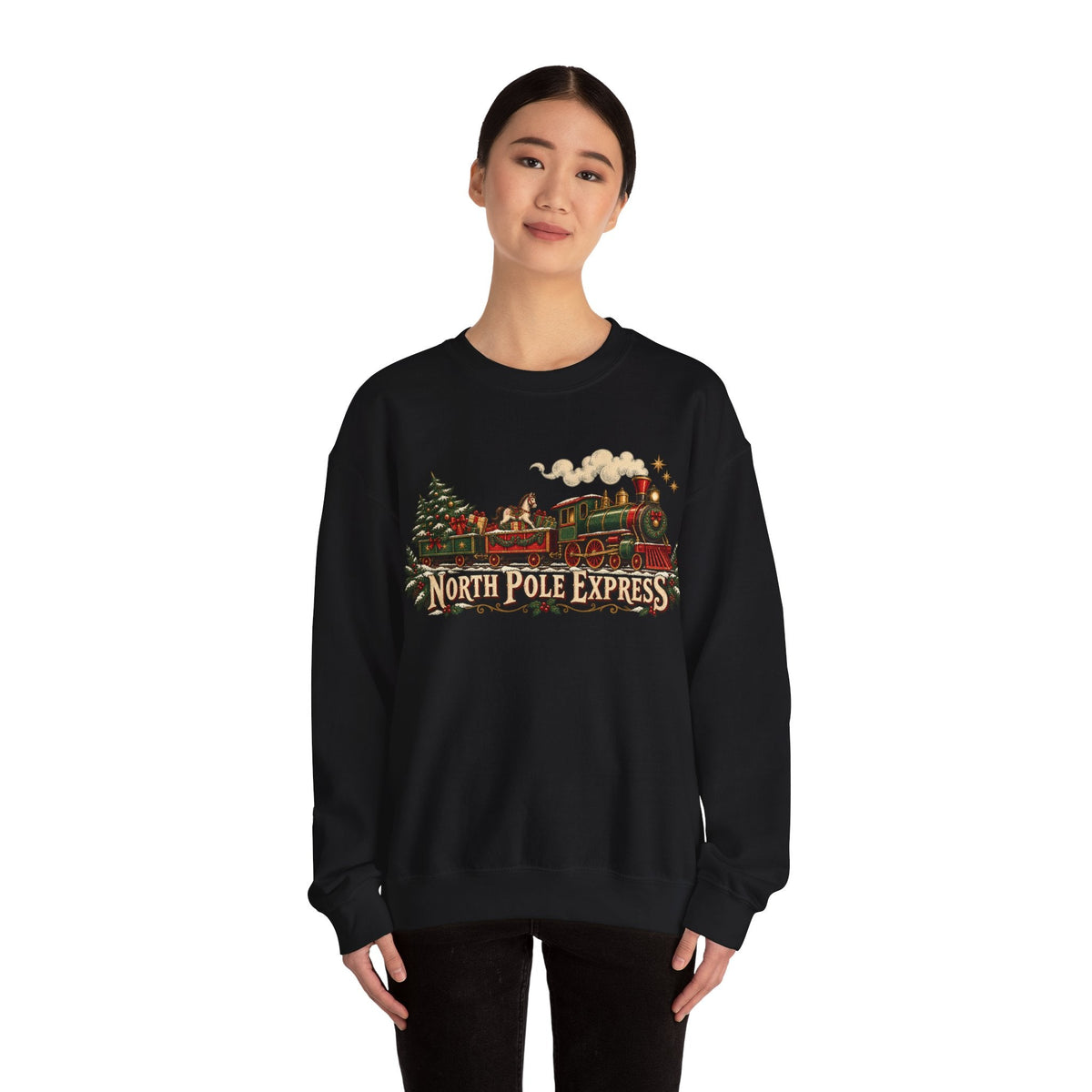 Wicked Thread Society black crewneck sweatshirt featuring a vintage North Pole Express steam train holiday graphic