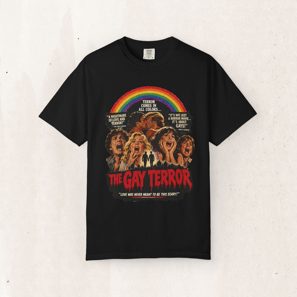 Wicked Thread Society black heavyweight cotton t-shirt featuring a retro horror movie poster print with a rainbow.