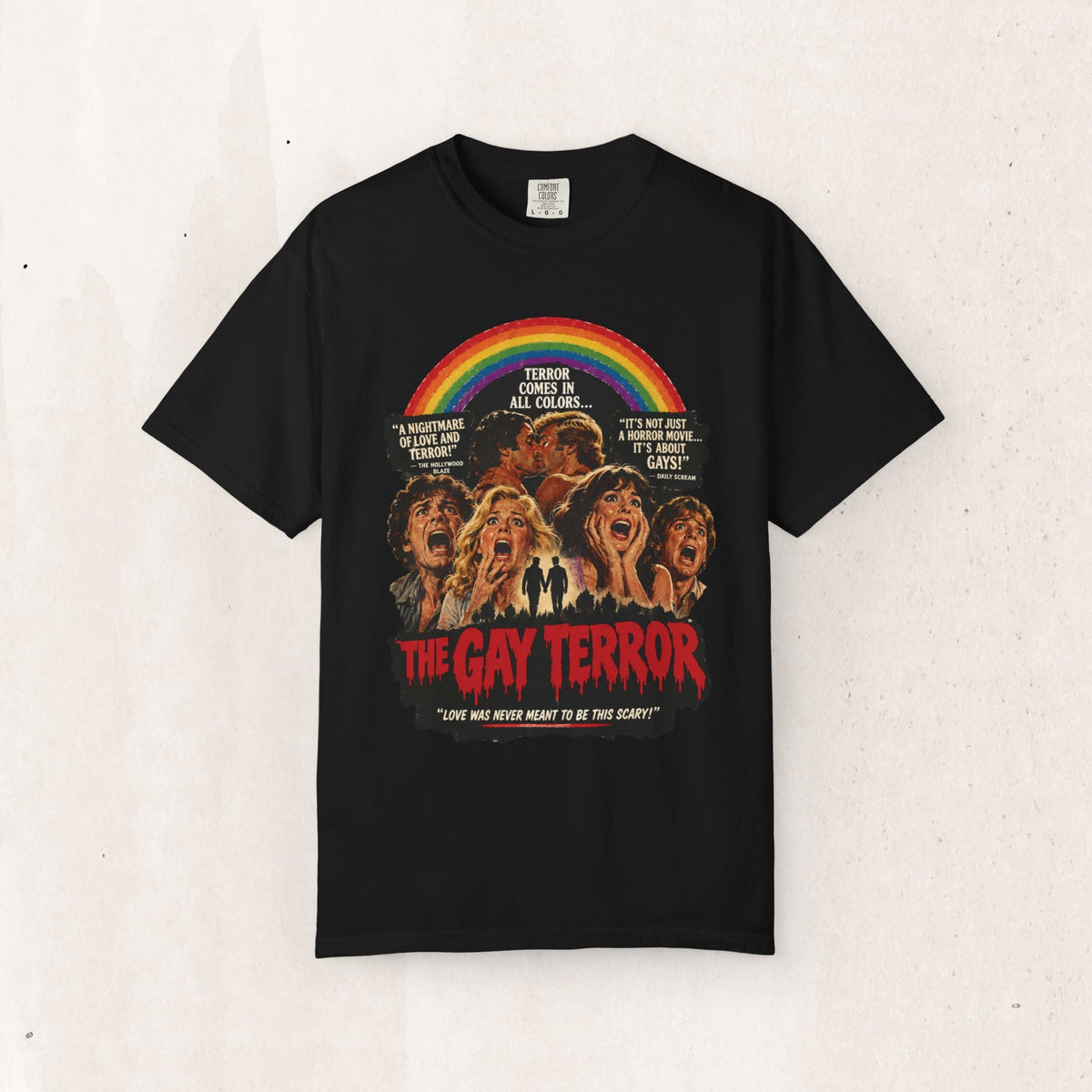 Wicked Thread Society black heavyweight cotton t-shirt featuring a retro horror movie poster print with a rainbow.