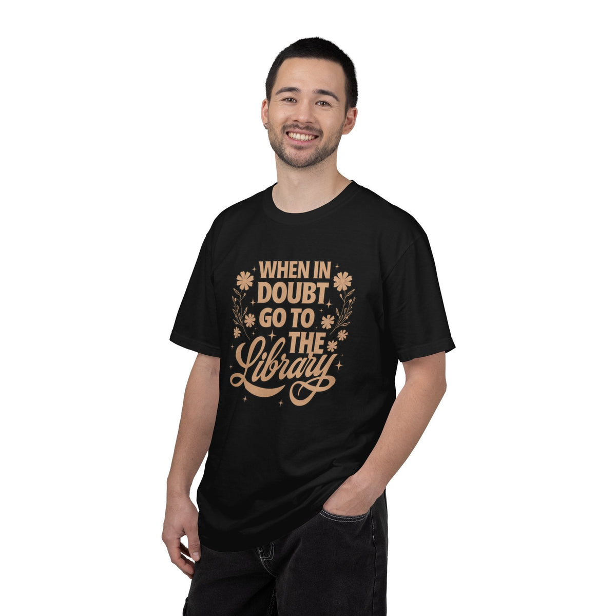 Wicked Thread Society black cotton graphic tee featuring When in Doubt Go to the Library text and floral design