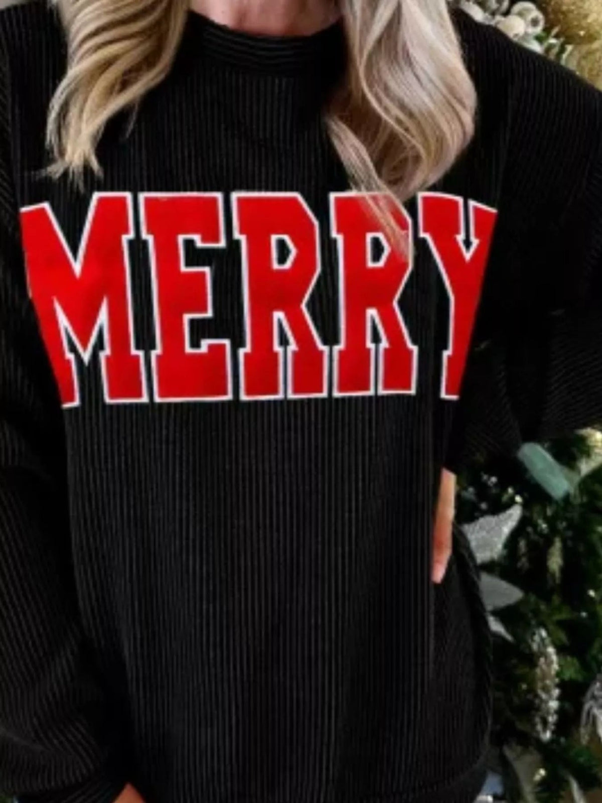Wicked Thread Society black ribbed Christmas sweatshirt with MERRY in bold red lettering