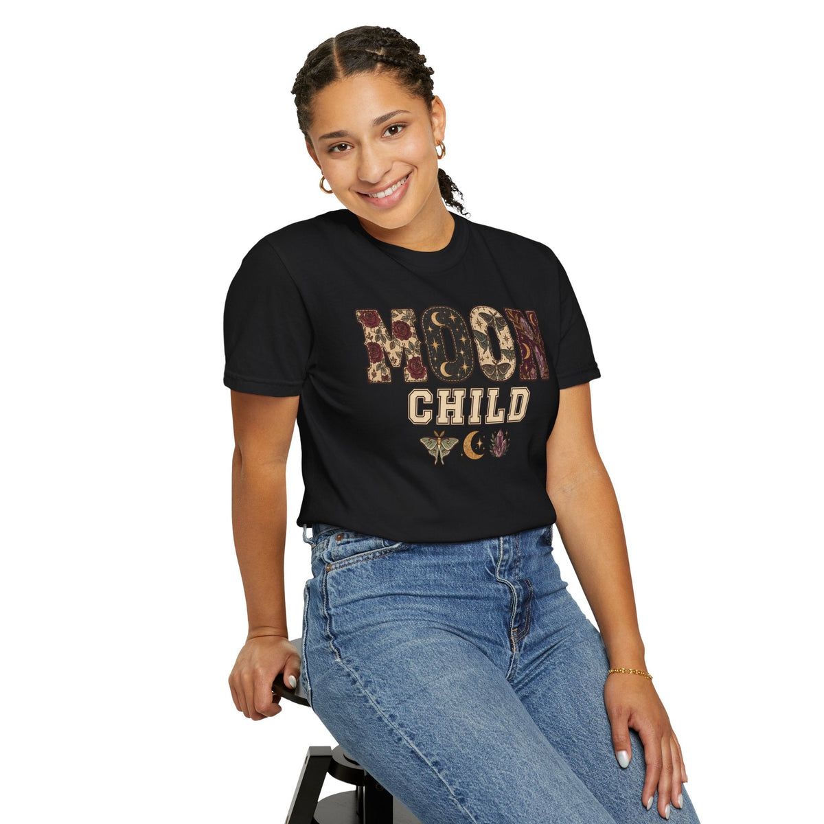 Wicked Thread Society black heavyweight cotton graphic tee with Moon Child celestial floral print worn by a woman.