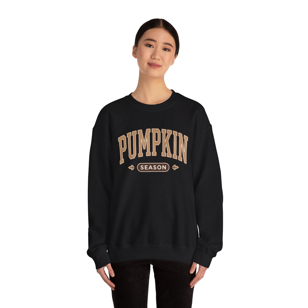 Wicked Thread Society black crewneck sweatshirt with Pumpkin Season vintage-style graphic worn by a young woman.