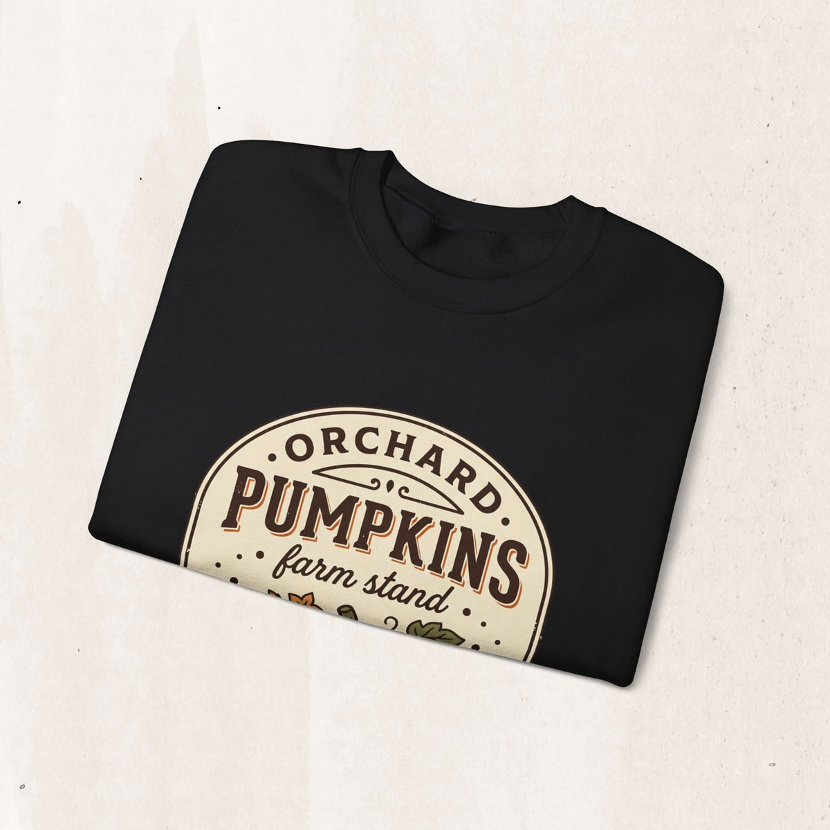 Wicked Thread Society black crewneck sweatshirt with a vintage-inspired pumpkin farmstand graphic print.