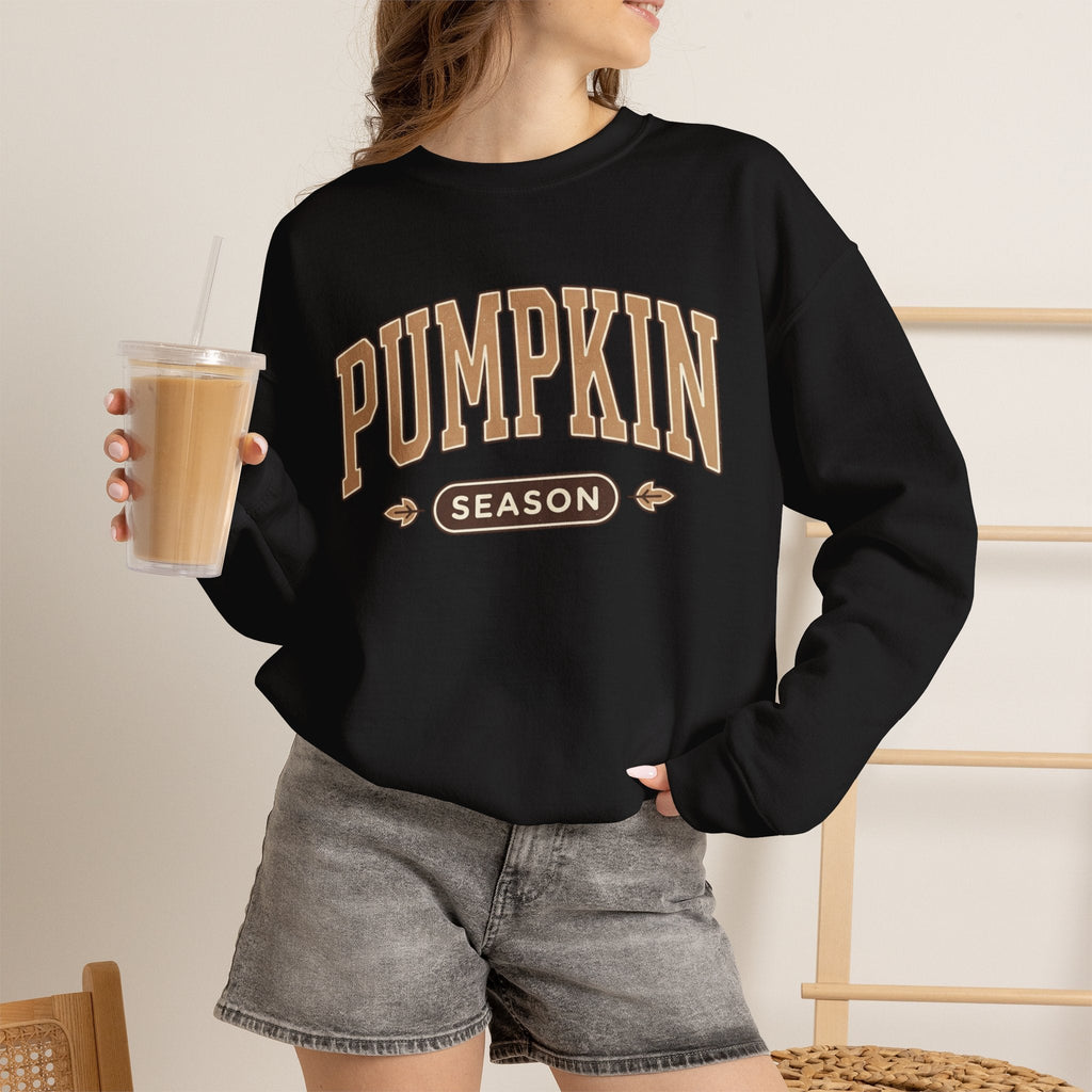 Wicked Thread Society black crewneck sweatshirt with vintage Pumpkin Season graphic worn with grey denim shorts