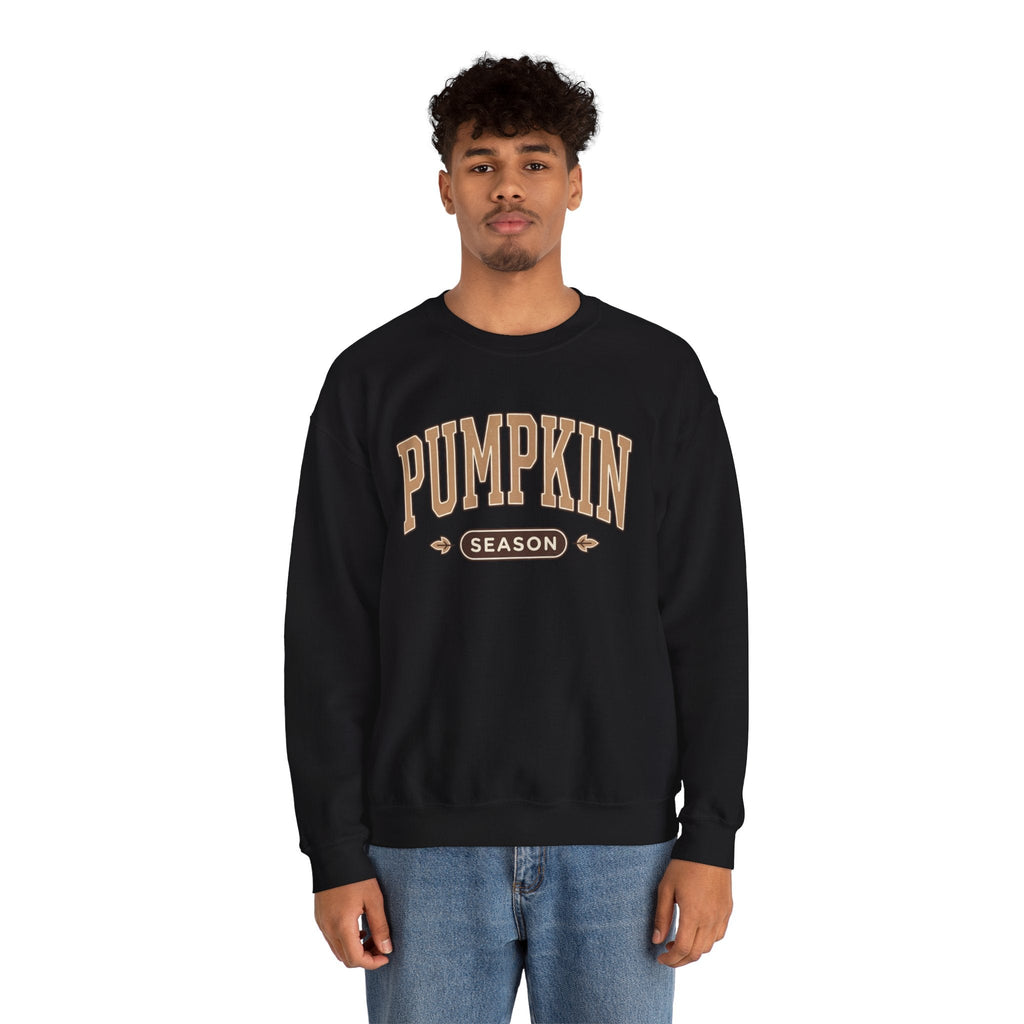 Wicked Thread Society black crewneck sweatshirt with vintage-style Pumpkin Season graphic worn by a young man