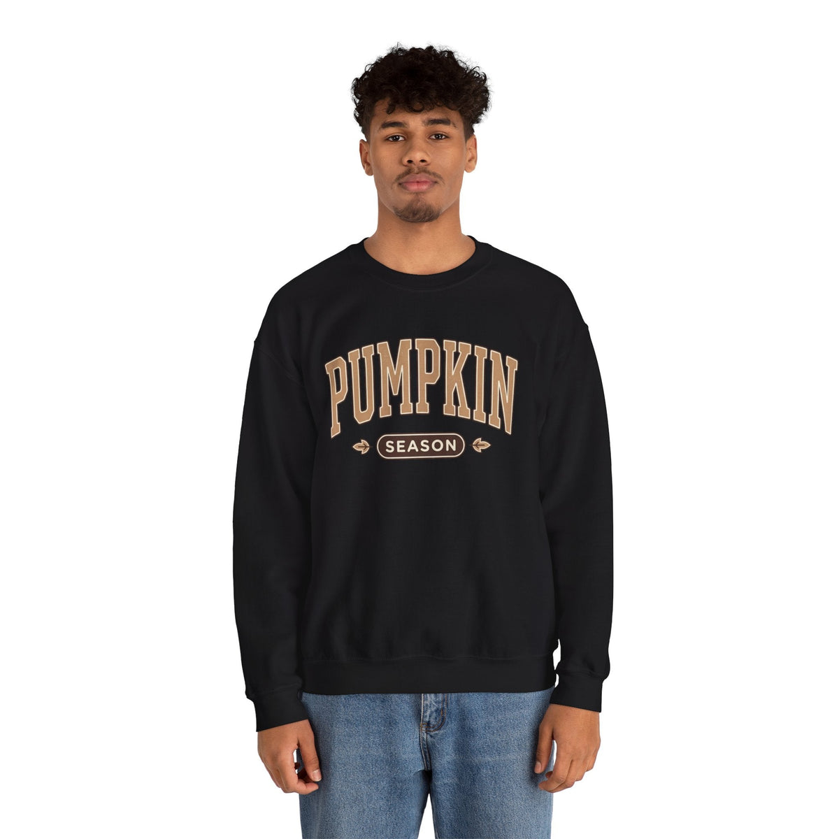 Wicked Thread Society black crewneck sweatshirt with vintage-style Pumpkin Season graphic worn by a young man